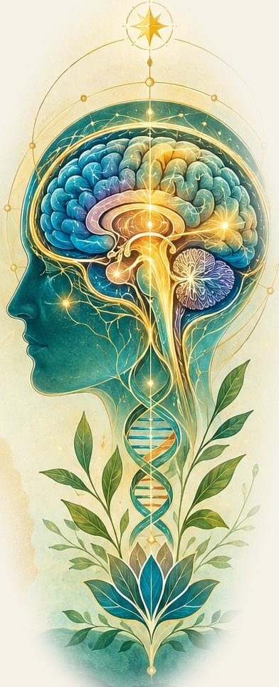 Ilustração de um perfil humano com o cérebro iluminado, uma hélice de DNA e folhas brotando de uma flor de lótus